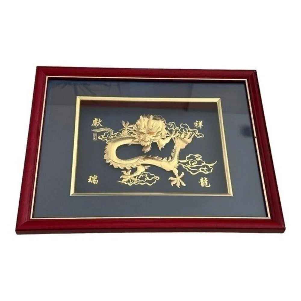 Gold Dragon 3D Framed Inlay Wall Tabletop Decor Chinese Art Feng Shui VG